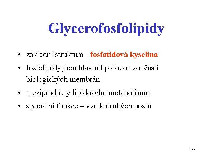 Glycerofosfolipidy • základní struktura - fosfatidová kyselina • fosfolipidy jsou hlavní lipidovou součástí biologických