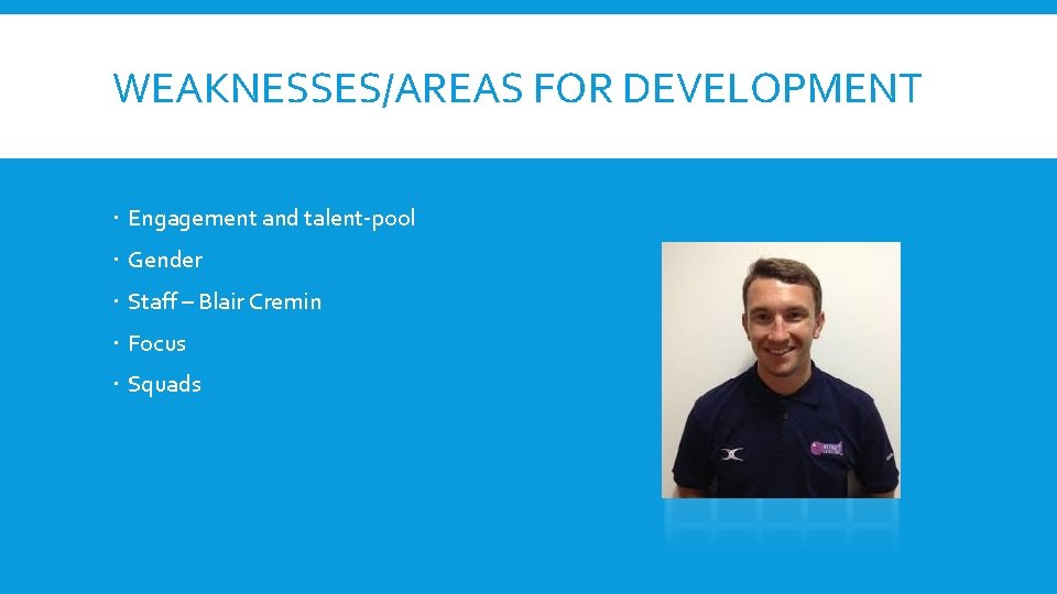 WEAKNESSES/AREAS FOR DEVELOPMENT Engagement and talent-pool Gender Staff – Blair Cremin Focus Squads 