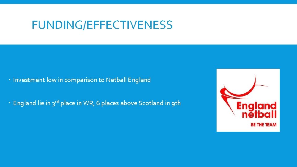 FUNDING/EFFECTIVENESS Investment low in comparison to Netball England lie in 3 rd place in