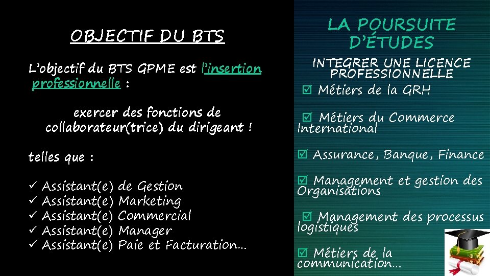 OBJECTIF DU BTS L’objectif du BTS GPME est l’insertion professionnelle : exercer des fonctions OBJECTIF DU BTS L’objectif du BTS GPME est l’insertion professionnelle : exercer des fonctions
