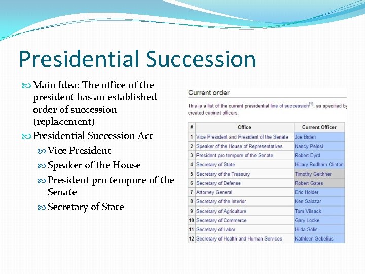 Presidential Succession Main Idea: The office of the president has an established order of