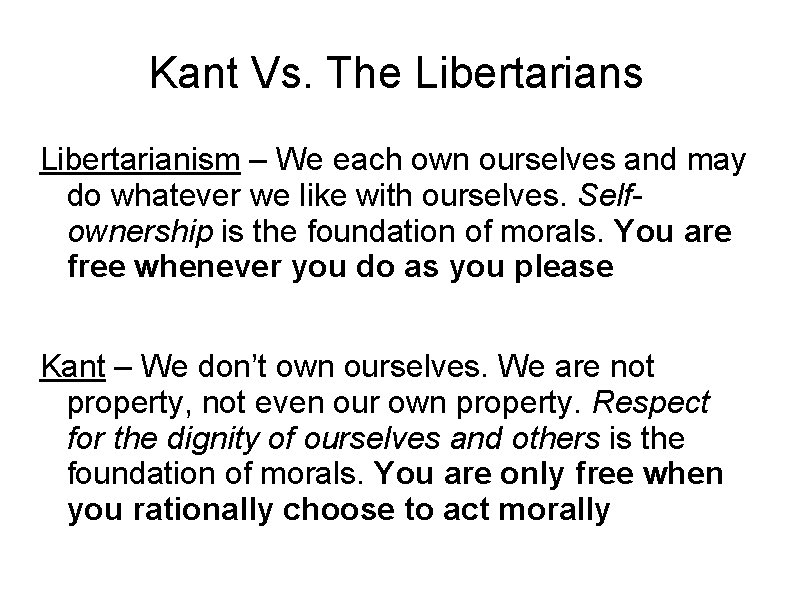 Kant Vs. The Libertarians Libertarianism – We each own ourselves and may do whatever