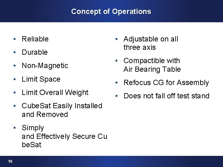 Concept of Operations • Reliable • Durable • Non-Magnetic • Compactible with Air Bearing