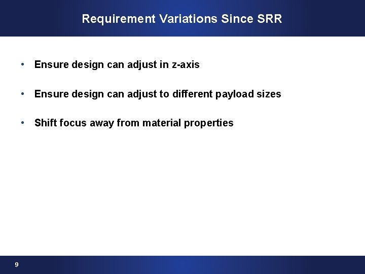 Requirement Variations Since SRR • Ensure design can adjust in z-axis • Ensure design
