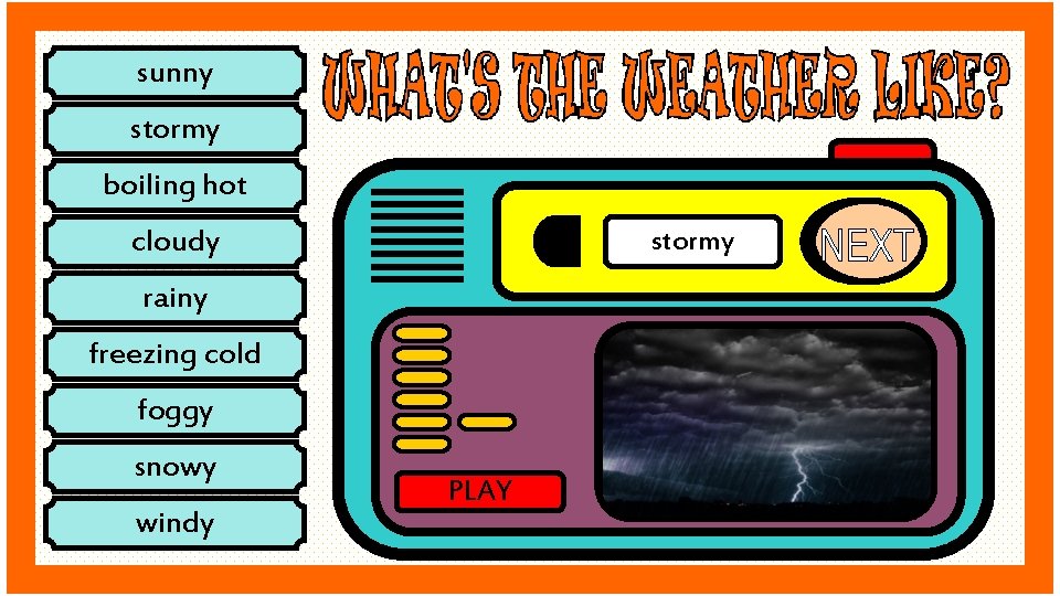 sunny stormy boiling hot cloudy stormy rainy freezing cold foggy snowy windy PLAY 