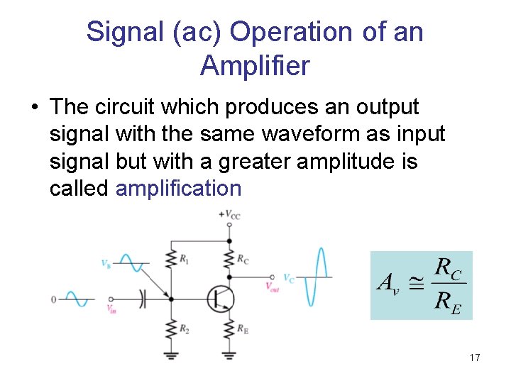 Signal (ac) Operation of an Amplifier • The circuit which produces an output signal