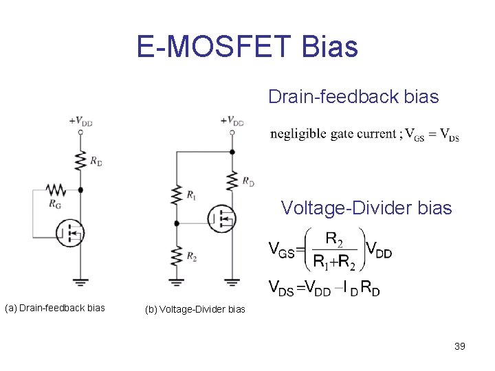 E-MOSFET Bias Drain-feedback bias Voltage-Divider bias (a) Drain-feedback bias (b) Voltage-Divider bias 39 
