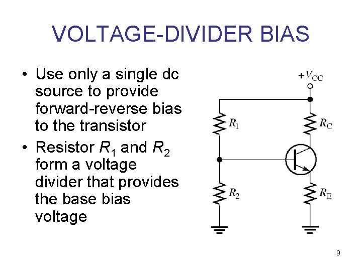 VOLTAGE-DIVIDER BIAS • Use only a single dc source to provide forward-reverse bias to