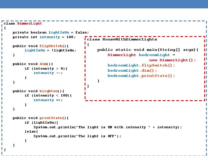 class Dimmer. Light { private boolean light. Is. On = false; private intensity =