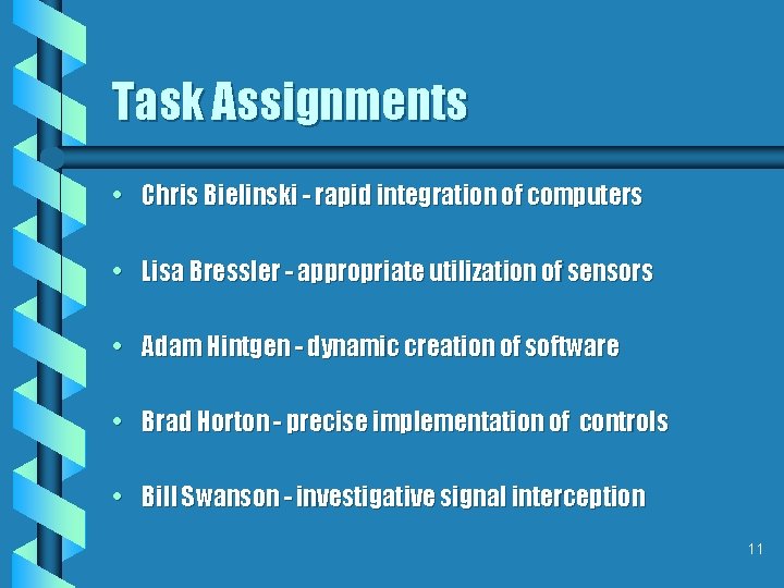 Task Assignments • Chris Bielinski - rapid integration of computers • Lisa Bressler -