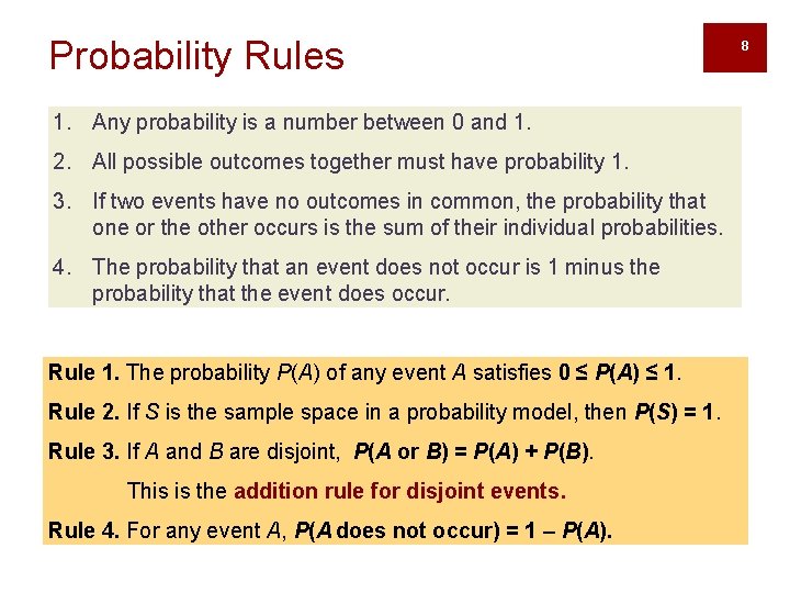 Probability Rules 1. Any probability is a number between 0 and 1. 2. All