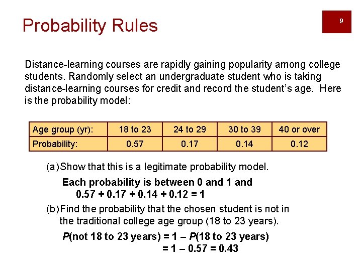 Probability Rules 9 Distance-learning courses are rapidly gaining popularity among college students. Randomly select