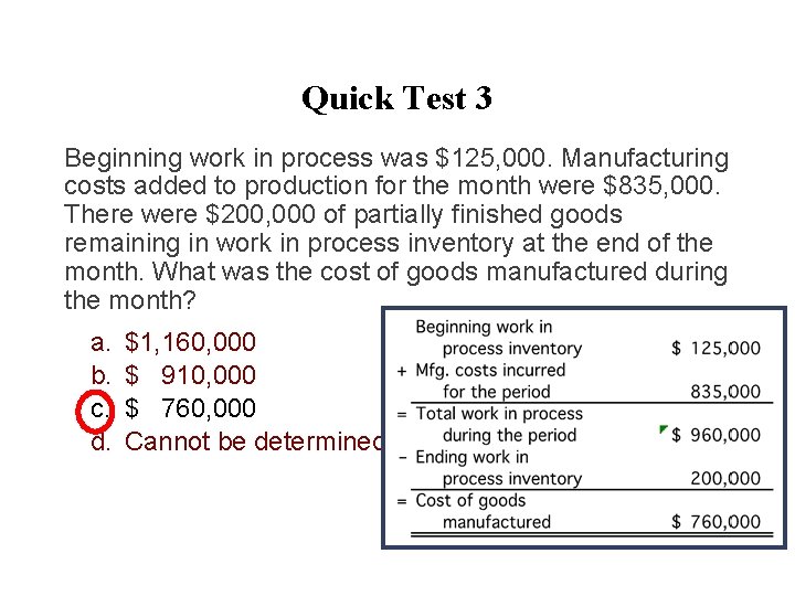 Quick Test 3 Beginning work in process was $125, 000. Manufacturing costs added to