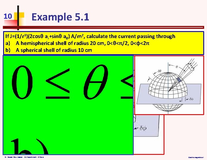 10 Example 5. 1 If J=(1/r 3)(2 cosθ ar+sinθ aθ) A/m 2, calculate the