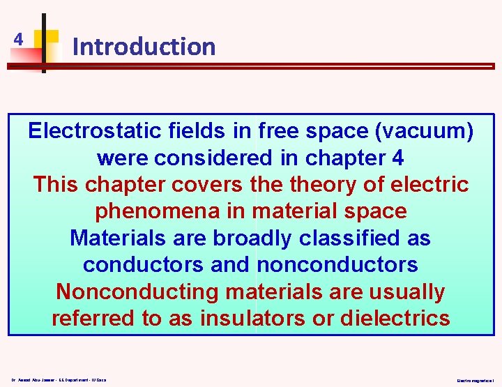 4 Introduction Electrostatic fields in free space (vacuum) were considered in chapter 4 This