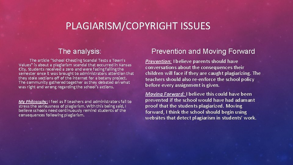 PLAGIARISM/COPYRIGHT ISSUES The analysis: The article “School Cheating Scandal Tests a Town's Values” is