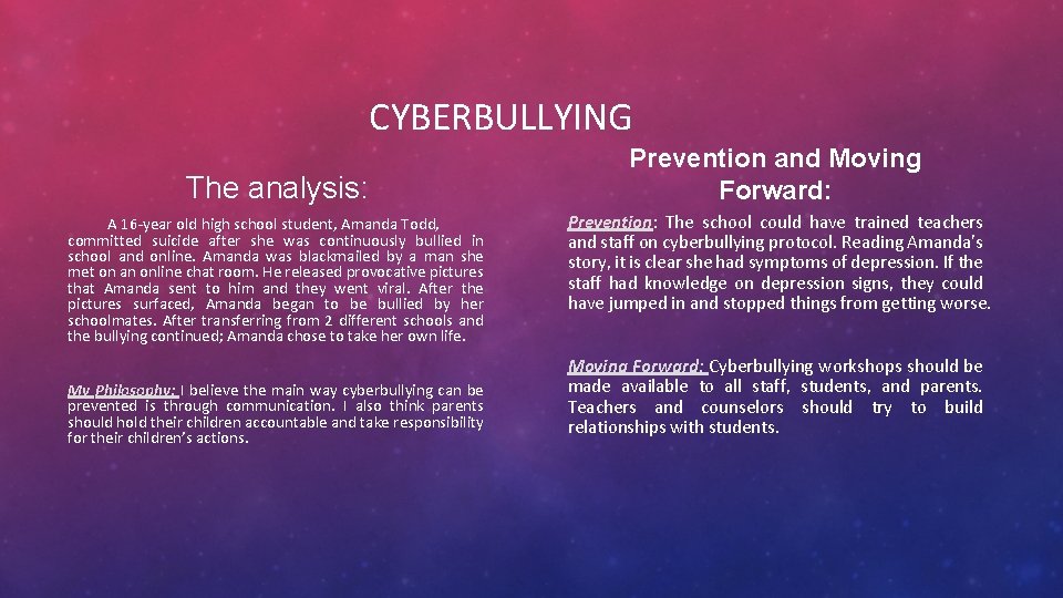 CYBERBULLYING The analysis: A 16 -year old high school student, Amanda Todd, committed suicide