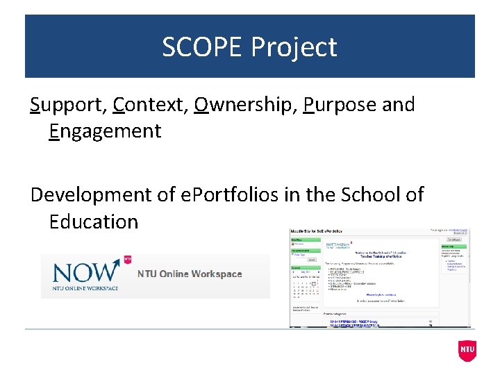 SCOPE Project Support, Context, Ownership, Purpose and Engagement Development of e. Portfolios in the