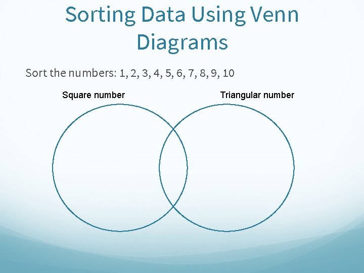 Sorting Data Using Venn Diagrams Sort the numbers: 1, 2, 3, 4, 5, 6,