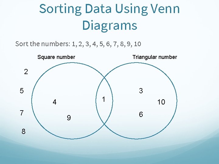 Sorting Data Using Venn Diagrams Sort the numbers: 1, 2, 3, 4, 5, 6,