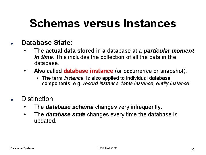 Schemas versus Instances l Database State: • • The actual data stored in a Schemas versus Instances l Database State: • • The actual data stored in a