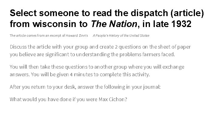 Select someone to read the dispatch (article) from wisconsin to The Nation, in late