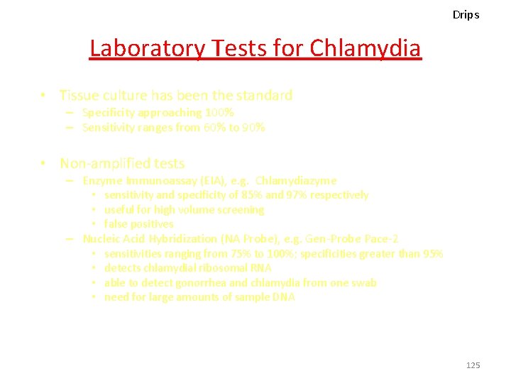 Drips Laboratory Tests for Chlamydia • Tissue culture has been the standard – Specificity