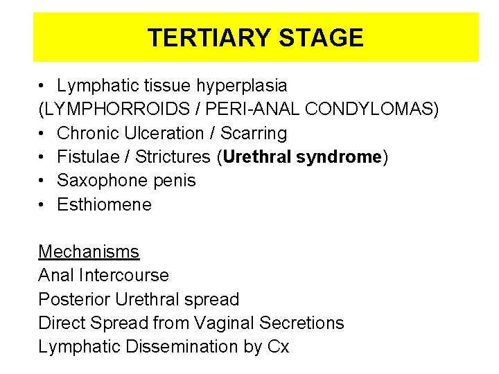 TERTIARY STAGE • Lymphatic tissue hyperplasia (LYMPHORROIDS / PERI-ANAL CONDYLOMAS) • Chronic Ulceration /