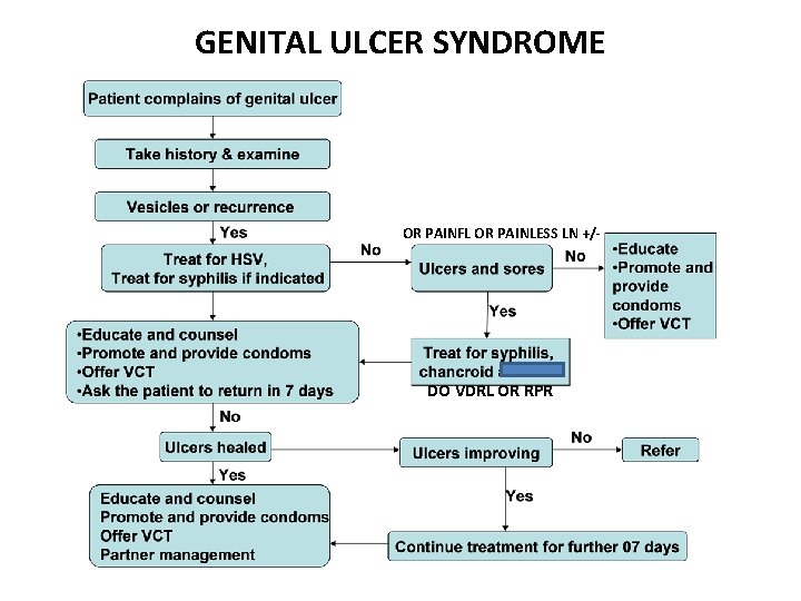 GENITAL ULCER SYNDROME OR PAINFL OR PAINLESS LN +/- DO VDRL OR RPR 42