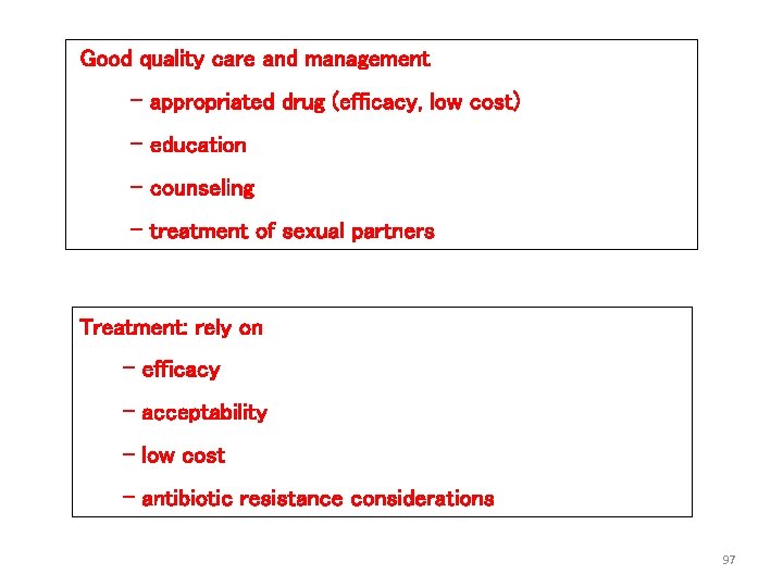 Good quality care and management - appropriated drug (efficacy, low cost) - education -