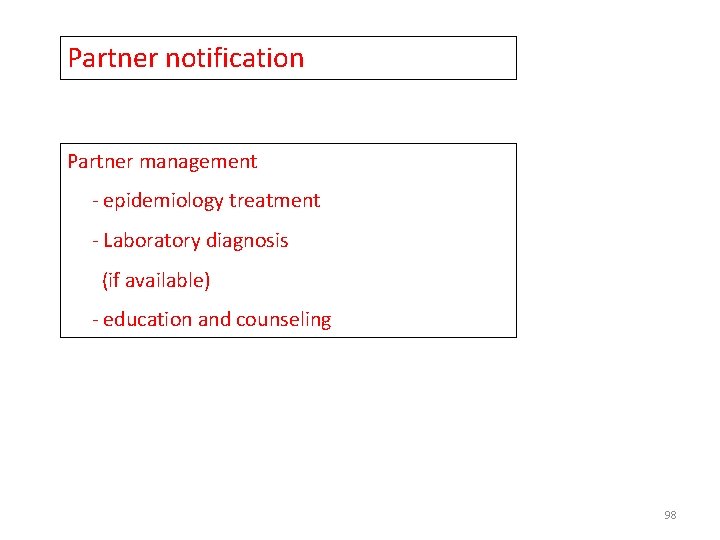 Partner notification Partner management - epidemiology treatment - Laboratory diagnosis (if available) - education