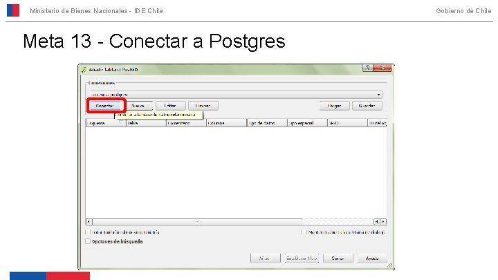 Ministerio de Bienes Nacionales - IDE Chile Meta 13 - Conectar a Postgres Gobierno