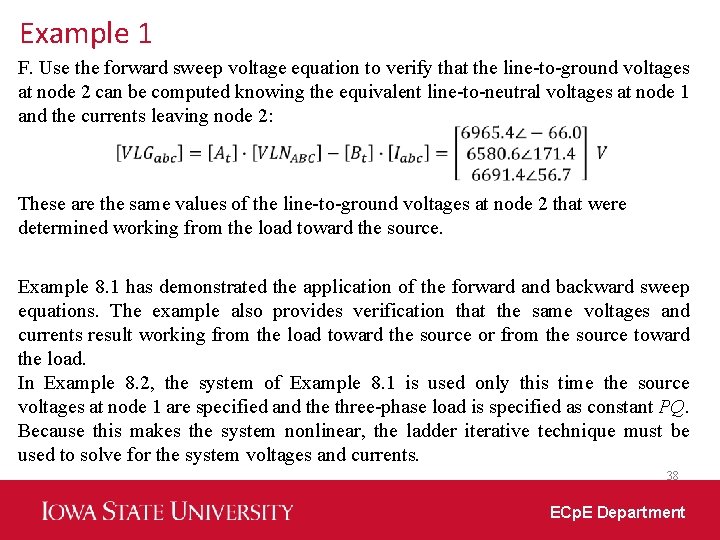 Example 1 F. Use the forward sweep voltage equation to verify that the line-to-ground