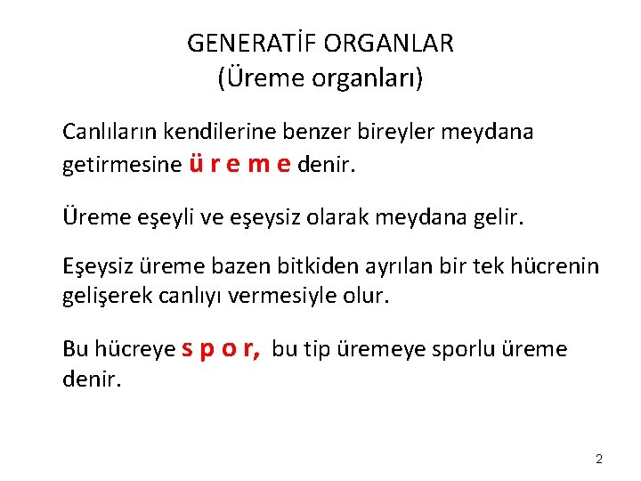 GENERATİF ORGANLAR (Üreme organları) Canlıların kendilerine benzer bireyler meydana getirmesine ü r e m