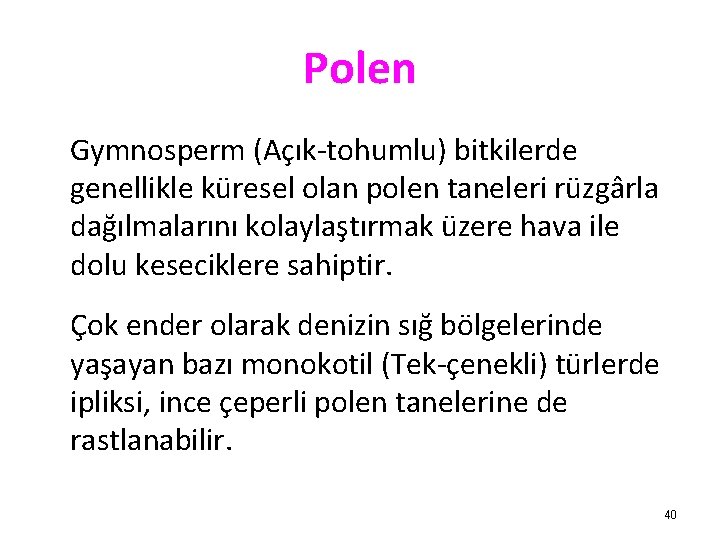 Polen Gymnosperm (Açık-tohumlu) bitkilerde genellikle küresel olan polen taneleri rüzgârla dağılmalarını kolaylaştırmak üzere hava