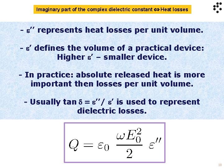 Imaginary part of the complex dielectric constant Heat losses released in aheat time period