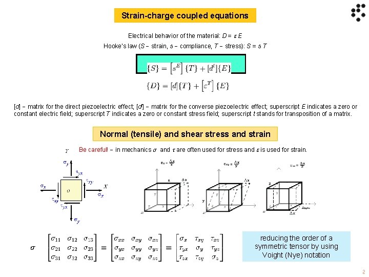 Strain-charge coupled equations Electrical behavior of the material: D = E Hooke‘s law (S
