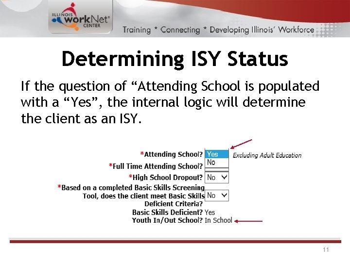 Determining ISY Status If the question of “Attending School is populated with a “Yes”, Determining ISY Status If the question of “Attending School is populated with a “Yes”,