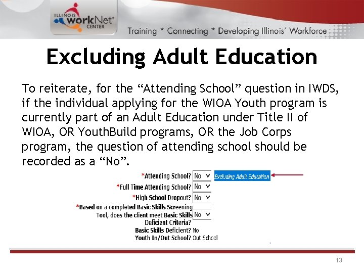 Excluding Adult Education To reiterate, for the “Attending School” question in IWDS, if the Excluding Adult Education To reiterate, for the “Attending School” question in IWDS, if the