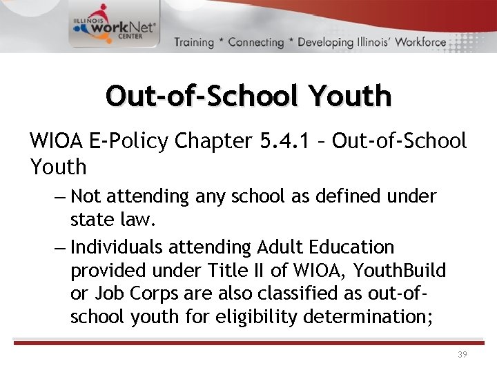 Out-of-School Youth WIOA E-Policy Chapter 5. 4. 1 – Out-of-School Youth – Not attending Out-of-School Youth WIOA E-Policy Chapter 5. 4. 1 – Out-of-School Youth – Not attending