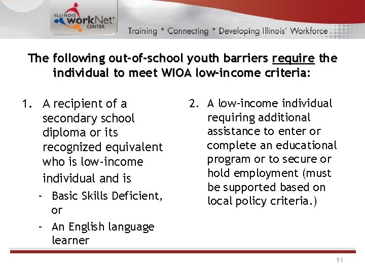 The following out-of-school youth barriers require the individual to meet WIOA low-income criteria: 1. The following out-of-school youth barriers require the individual to meet WIOA low-income criteria: 1.