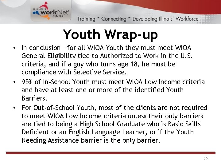 Youth Wrap-up • In conclusion – for all WIOA Youth they must meet WIOA Youth Wrap-up • In conclusion – for all WIOA Youth they must meet WIOA