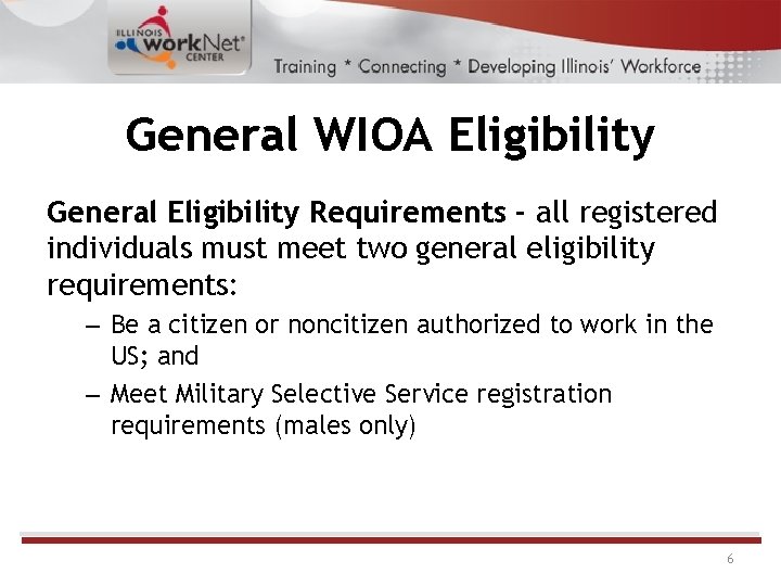General WIOA Eligibility General Eligibility Requirements - all registered individuals must meet two general General WIOA Eligibility General Eligibility Requirements - all registered individuals must meet two general