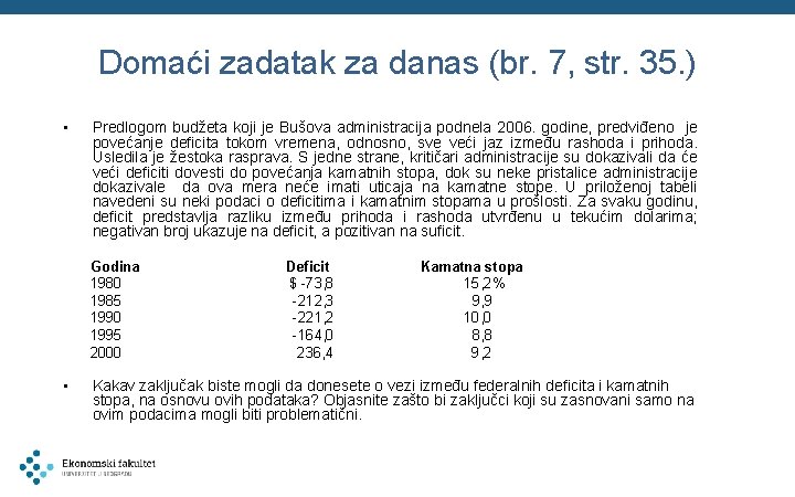 Domaći zadatak za danas (br. 7, str. 35. ) • Predlogom budžeta koji je