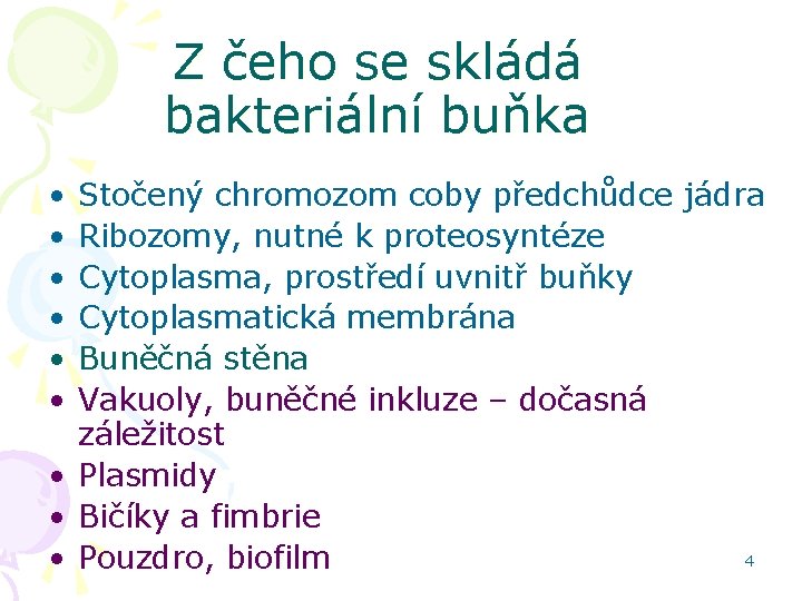 Z čeho se skládá bakteriální buňka • • • Stočený chromozom coby předchůdce jádra