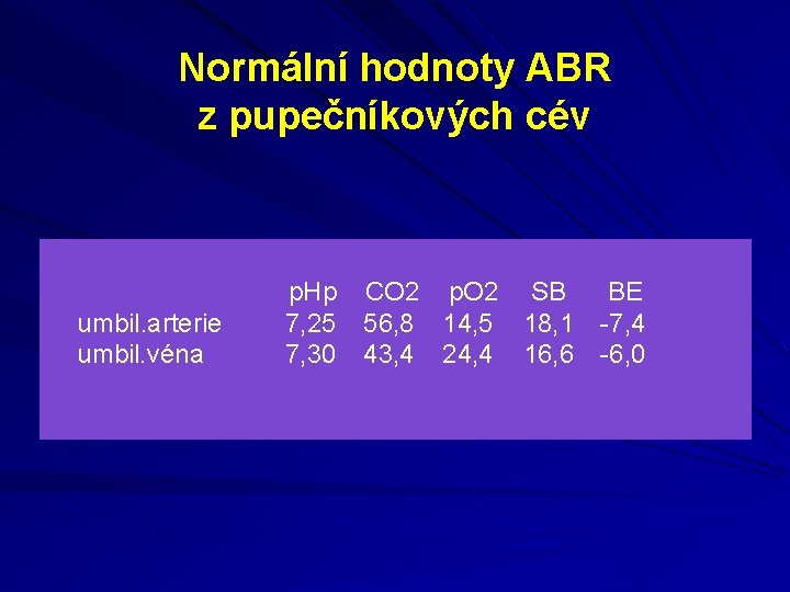 Normální hodnoty ABR z pupečníkových cév umbil. arterie umbil. véna p. Hp 7, 25