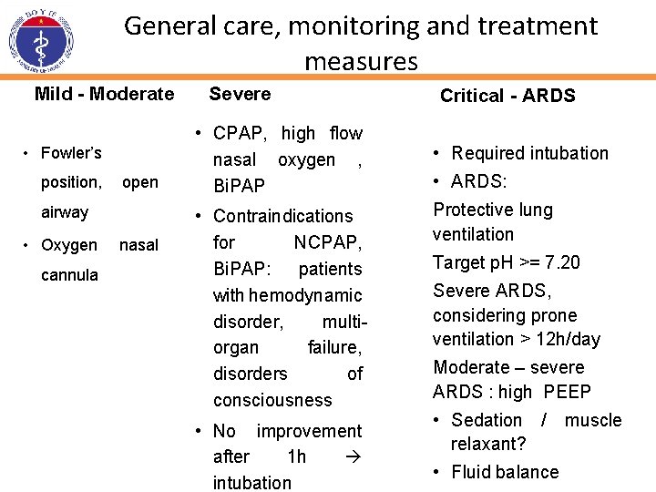 General care, monitoring and treatment measures Mild - Moderate • Fowler’s position, open airway