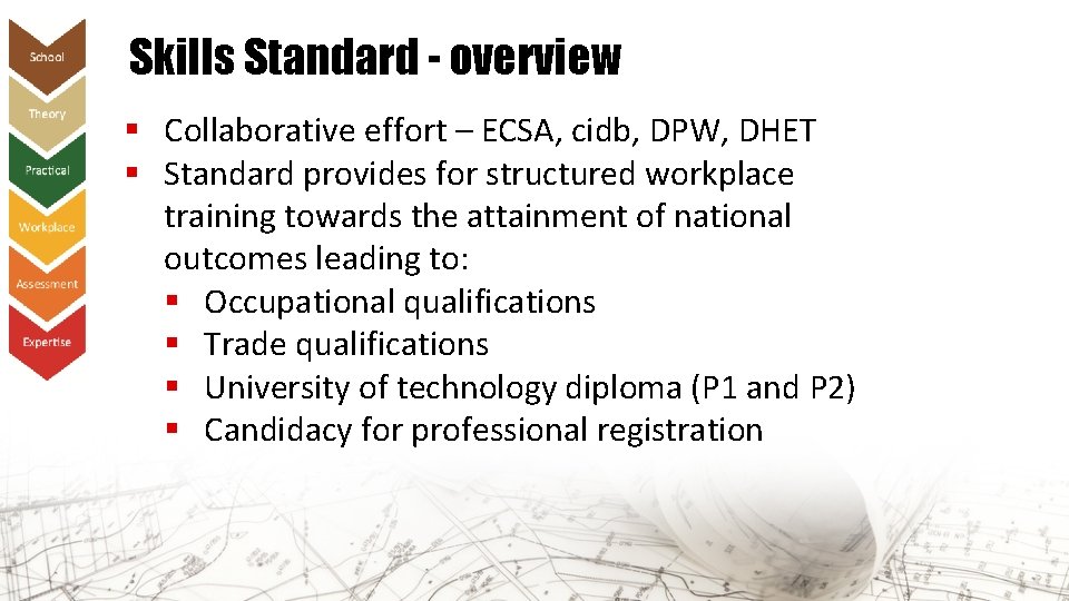 Skills Standard - overview § Collaborative effort – ECSA, cidb, DPW, DHET § Standard