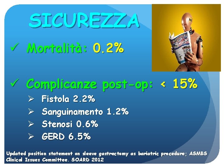 SICUREZZA ü Mortalità: 0. 2% ü Complicanze post-op: < 15% Ø Ø Fistola 2.