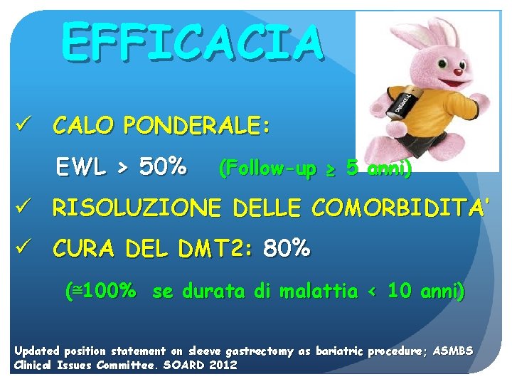 EFFICACIA ü CALO PONDERALE: EWL > 50% (Follow-up ≥ 5 anni) ü RISOLUZIONE DELLE